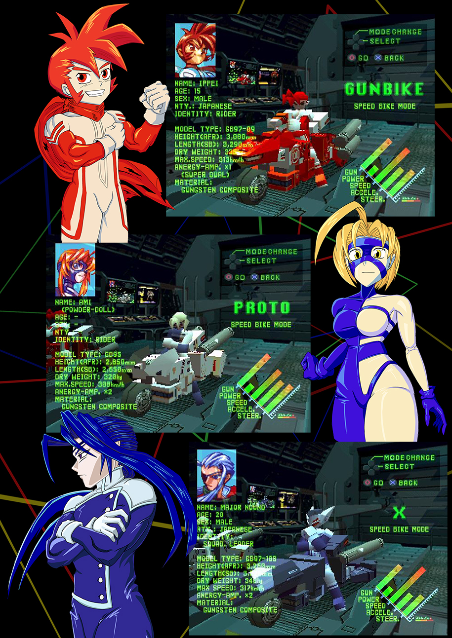 Speed Power Gunbike. Characters select and Character stats.