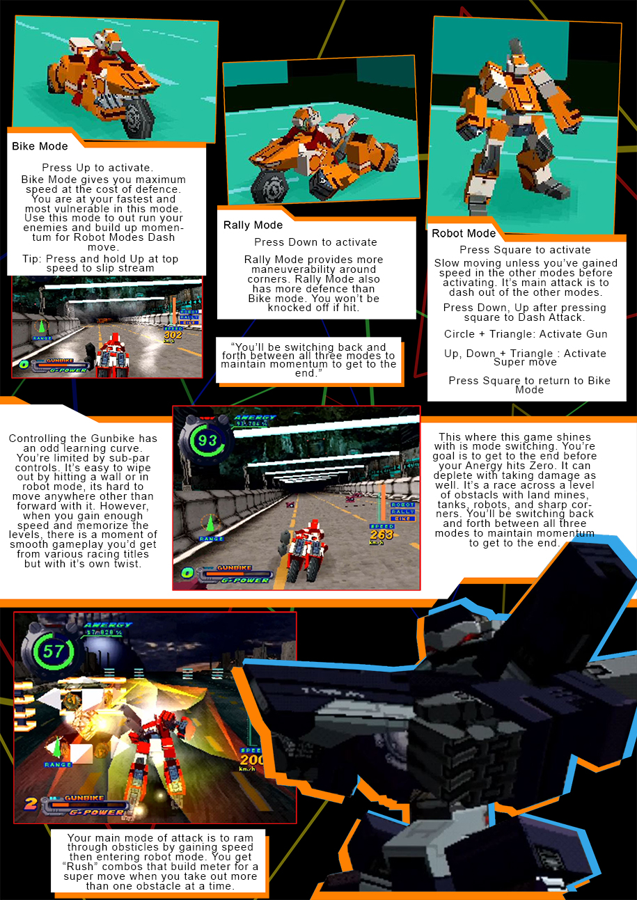 Gameplay, and controls. Bike mode, Rally mode and Robot Mode
